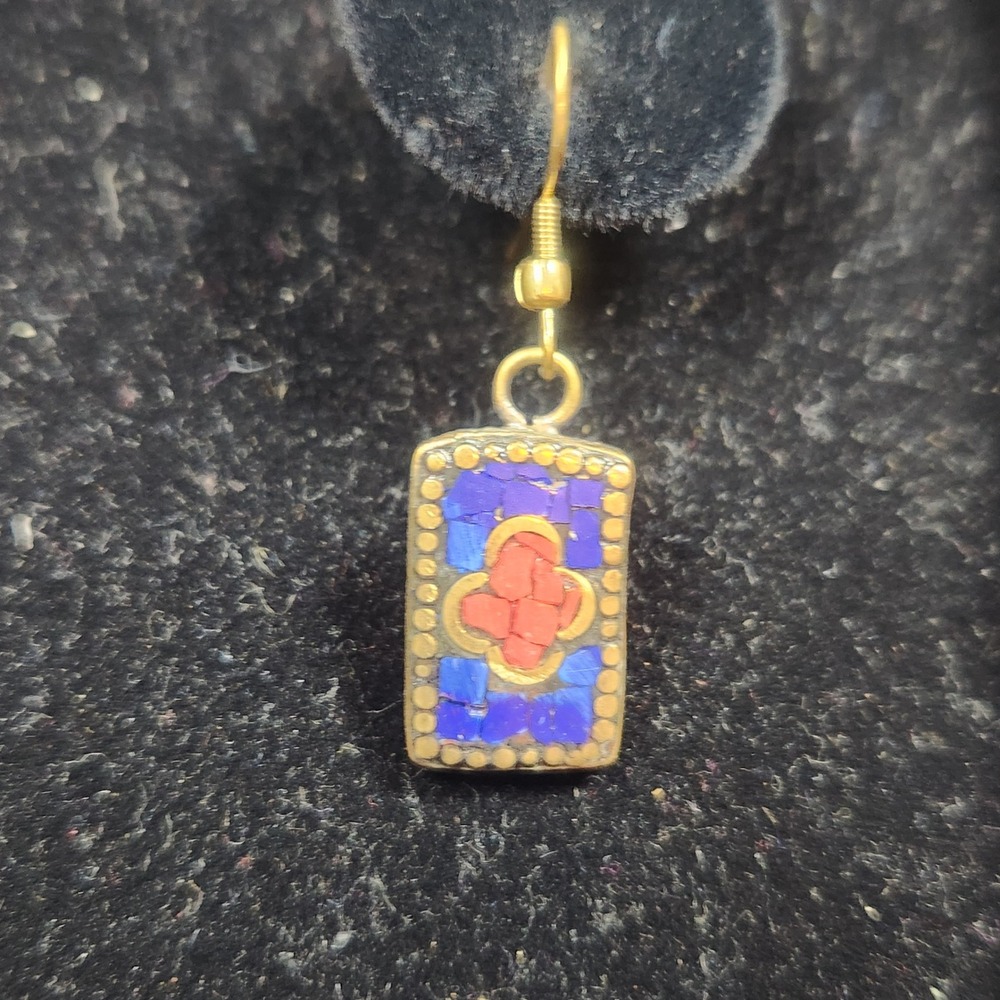 Vintage‎ Brass Mosaic Inlay Drop Earrings Blue Red Stone Rectangular Boho Dangle